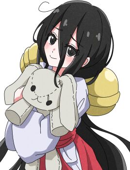 1girl absurdres bell black_eyes black_hair blush chuugoku_usagi hair_bell hair_between_eyes hair_ornament hakama hakama_skirt hashtag-only_commentary head_tilt highres holding holding_stuffed_toy hugging_doll hugging_object japanese_clothes jingle_bell kimono long_hair long_hair_between_eyes long_sleeves lonsooooooooo looking_at_viewer loose_hair_strand miko raised_inner_eyebrows red_hakama sidelocks simple_background skirt smile solo stuffed_animal stuffed_rabbit stuffed_toy upper_body very_long_hair voicevox white_background white_kimono wide_sleeves