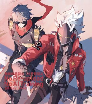 2boys ahoge arm_support artist_name badge belt belt_buckle wallet_chain billy_kid black_belt black_boots black_jacket black_pants blue_eyes blue_hair blue_pants boots buckle chain closed_mouth commentary_request cropped_jacket cyborg hair_over_one_eye hally hand_up hands_in_pockets highres jacket leather leather_jacket lighter_(zenless_zone_zero) long_sleeves looking_at_another looking_to_the_side male_focus multiple_boys one_eye_covered open_clothes open_jacket outstretched_arm pants parted_bangs pouch red_jacket red_scarf scarf sheriff_badge short_hair spiked_hair spiked_jacket spikes studded_belt sunglasses thigh_pouch thigh_strap twitter_username watermark white_hair yellow_eyes zenless_zone_zero