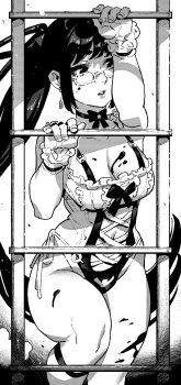 Rule 34 | 1girl, blood, blood on breasts, blood on leg, breasts, cleavage, climbing ladder, eve (stellar blade), frilled one-piece swimsuit, frills, glasses, greyscale, highres, ireading, large breasts, long hair, looking to the side, monochrome, ocean maid (stellar blade), one-piece swimsuit, open mouth, ponytail, solo, stellar blade, swimsuit, very long hair