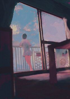 1girl balcony black_hair cloud cloudy_sky facing_away floor from_inside highres original railing saisho_(qpoujr) scenery shirt short_hair short_sleeves sky sliding_doors solo standing t-shirt table white_shirt wide_shot