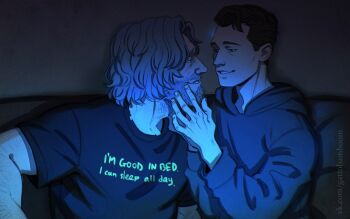 2boys beard casual cheekbones connor_(detroit) couch detroit:_become_human facial_hair grey_hair hands_on_another&#039;s_face hank_anderson highres hood hoodie male_focus multiple_boys old old_man shirt t-shirt teppn_(gattobamboom) upper_body wavy_hair yaoi