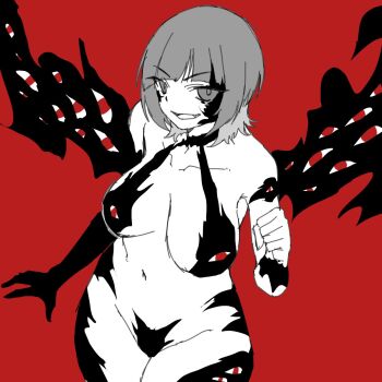 1girl corruption digimon digimon_(creature) fang fusion gerusyu looking_at_viewer nude red_eyes sakuya_reina shademon shademon_(nene_ver.)