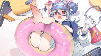 1girl barefoot blue_archive blue_hair blvefo9 commentary double_bun english_commentary fubuki_(blue_archive) fubuki_(swimsuit)_(blue_archive) hair_between_eyes hair_bun halo holding holding_megaphone innertube loli lying megaphone multicolored_hair official_alternate_costume on_back one-piece_swimsuit open_mouth pink_halo soles solo swim_ring swimsuit toes two-tone_hair white_one-piece_swimsuit