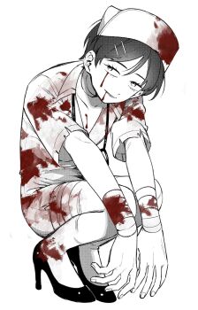 1girl bandaged_arm bandaged_leg bandaged_neck bandages blood blood_on_clothes blood_on_face closed_mouth collarbone collared_dress dress fake_blood full_body futsuu_no_keion-bu hair_ornament hairpin halloween_costume hat high_heels highres kouyama_rin nurse nurse_cap official_alternate_costume partially_colored pixie_cut rra_(yj) screentones short_dress short_hair short_sleeves simple_background smile solo squatting stethoscope stethoscope_around_neck torn_clothes torn_dress white_background