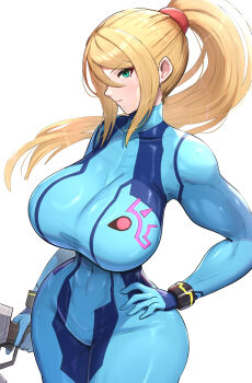 1girl absurdres blonde_hair blue_bodysuit blue_eyes blush bodysuit breasts closed_mouth commentary gonzarez green_eyes gun hair_between_eyes hand_on_own_hip high_ponytail highres holding impossible_bodysuit impossible_clothes large_breasts long_hair looking_at_viewer metroid mole mole_under_mouth nintendo ponytail samus_aran simple_background skin_tight solo super_smash_bros. weapon white_background zero_suit
