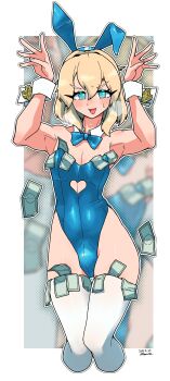 1boy @_@ absurdres animal_ears banknote blue_bow blue_bowtie blue_eyes blue_leotard blush border bow bowtie bridget_(guilty_gear) bulge clothing_cutout cropped_legs cutout_above_navel detached_collar fake_animal_ears guilty_gear hair_between_eyes heart_cutout highleg highleg_leotard highres leotard looking_at_viewer male_focus male_playboy_bunny money omura_zojiki open_mouth outline outside_border playboy_bunny rabbit_ears rabbit_pose smile solo strapless strapless_leotard sweat thighhighs trap white_border white_outline white_thighhighs