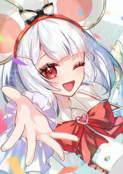 1girl ;d animal_ears commentary_request fake_animal_ears granblue_fantasy heart kogome_(azalea4) long_sleeves looking_at_viewer mouse_ears one_eye_closed open_mouth reaching reaching_towards_viewer red_eyes smile solo twitter_username upper_body vikala_(granblue_fantasy) white_hair