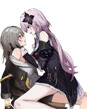 Rule 34 | 2girls, bare shoulders, black dress, black flower, black gloves, black jacket, commentary request, dark persona, dress, evernight (honkai: star rail), flower, gloves, grey hair, hair flower, hair ornament, highres, honkai: star rail, honkai (series), jacket, legs, long hair, march 7th (honkai: star rail), multiple girls, nervous, pink hair, red eyes, seductive smile, shirt, sitting, sitting on lap, sitting on person, smile, stelle (honkai: star rail), straddling, sweat, trailblazer (honkai: star rail), u0t0, upright straddle, white shirt, wrist cuffs, yellow eyes, yuri