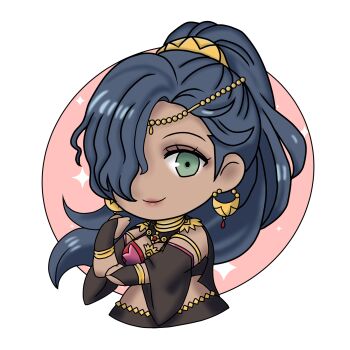 1girl absurdres breasts chibi chibi_only closed_mouth crescent crescent_earrings dancer dark-skinned_female dark_skin earrings fire_emblem fire_emblem:_fortune&#039;s_weave gold_choker gold_earrings hair_over_one_eye harem_outfit high_ponytail highres jewelry leda_(fire_emblem) medium_breasts nekomoni nintendo ponytail smile solo