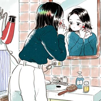 1girl bathroom black_eyes black_hair blush colored_skin commentary earrings electrical_outlet emamemamo33 faucet fingernails from_behind green_shirt hair_dryer highres indoors iridescent_hair jewelry long_sleeves looking_at_mirror mirror nail_polish original pants pleated_pants putting_on_earrings putting_on_jewelry reflection reflection_focus shirt short_hair sink slice_of_life soap soap_bottle solo tile_wall tiles towel_rack traditional_media white_pants white_skin