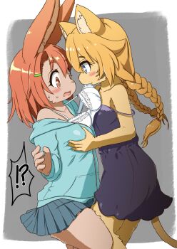 !? 2girls animal_ear_fluff animal_ears black_dress blonde_hair blue_eyes blue_hoodie blush bra bra_in_mouth bra_pull braid brown_eyes clothes_in_mouth clothes_pull dress face-to-face female_focus furry furry_female furry_with_furry grabbing_another's_breast groping hood hoodie kiori_nezumi long_hair looking_at_another mouth_hold multiple_girls open_mouth orange_hair original pulling_another's_clothes rabbit_ears simple_background skirt standing surprised tail twin_braids underwear white_bra yuri