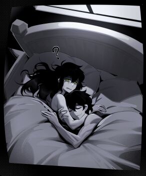 Rule 34 | 1boy, 1girl, ?, absurdres, aierlaobo, andrew graves, bare shoulders, black hair, closed eyes, green eyes, highres, light smile, long hair, mother and son, renee graves, sleeping, surprised, the coffin of andy and leyley, under covers, window