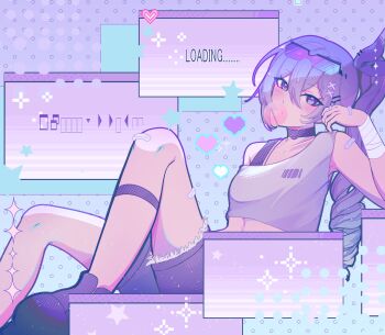 1girl absurdres bandaid chewing_gum crossed_bangs drill_hair drill_ponytail evuu eyewear_on_head grey_eyes hair_between_eyes heart heart_in_eye highres honkai:_star_rail honkai_(series) loading_screen long_hair ponytail purple-tinted_eyewear purple_hair shirt shorts silver_wolf_(honkai:_star_rail) single-shoulder_shirt sitting star_(symbol) symbol_in_eye tinted_eyewear white_shirt window_(computing)