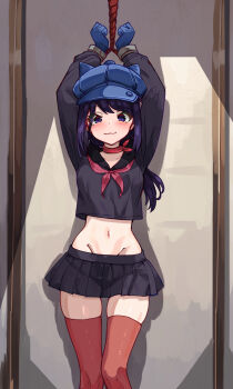 1girl :3 arms_up bakasp-lilzy black_shirt black_skirt blue_gloves blue_hat bound bound_wrists breasts choker commentary cool_mita_(miside) crop_top english_commentary feet_out_of_frame gloves hat highres long_hair long_sleeves looking_at_viewer medium_breasts midriff miside mita_(miside) navel neckerchief newsboy_cap pleated_skirt purple_eyes purple_hair red_choker red_neckerchief red_thighhighs shadow shirt skirt solo thighhighs