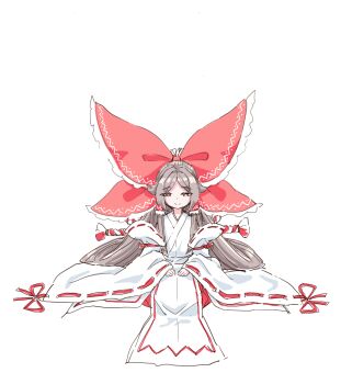 1girl absurdly_long_hair banner bow brown_eyes brown_hair chihaya_(clothing) commentary_request frilled_bow frilled_hair_tubes frills full_body gensokyo's_first_hakurei_miko hair_flaps hair_tubes happy holding holding_banner huge_bow japanese_clothes kosode large_bow long_hair miko red_bow red_skirt ribbon-trimmed_sleeves ribbon_trim s-a-murai seiza simple_background sitting skirt smile solo touhou very_long_hair white_background