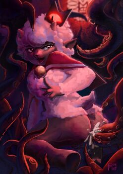 1boy anal artist_name baby_animal capelet cult_of_the_lamb cum cum_in_ass fur furry highres horns lamb looking_back open_mouth pinkrefrige sheep signature tagme tail tentacles the_lamb_(cult_of_the_lamb)