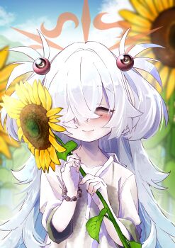 1girl ^_^ absurdres alternate_costume bags_under_eyes bead_bracelet beads blue_archive blue_sky blurry blurry_background blush bracelet closed_eyes closed_mouth collarbone commentary_request day eyeball_hair_ornament facing_viewer field flower flower_field grey_hair hair_intakes hair_over_one_eye halo hands_up highres holding holding_flower jewelry kanoe_(blue_archive) leaf long_bangs long_hair long_sleeves nakamobu one_eye_covered orange_halo outdoors shirt sky smile solo spiked_hair sunflower sunflower_field two_side_up upper_body very_long_hair white_shirt