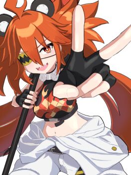 1girl absurdres ahoge animal_ears bare_shoulders bear_ears black_gloves breasts crop_top deiku_(day9_fujimiya) eyepatch fake_animal_ears fingerless_gloves gloves hair_between_eyes hair_ornament highres holding koleda_belobog long_hair looking_at_viewer midriff navel pants red_eyes red_hair simple_background solo sphere_hair_ornament twintails v zenless_zone_zero