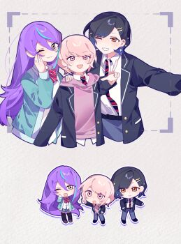 Rule 34 | 1girl, 2boys, :d, ;3, ;d, akiyama mizuki, alternate hair length, alternate hairstyle, aqua cardigan, aqua streaks, arm up, belt, blazer, blue pants, blue skirt, blush, bow, bowtie, buttons, cardigan, chibi, chinese commentary, collared shirt, commentary request, diagonal-striped bow, diagonal-striped bowtie, diagonal-striped clothes, diagonal-striped necktie, genderswap, genderswap (ftm), genderswap (mtf), genderswap (otm), gradient hair, hair ornament, hand on another's shoulder, hand on own cheek, hand on own face, highres, jacket, kamishiro rui, kamiyama high school uniform (project sekai), laylayhappy, long hair, multicolored hair, multiple boys, necktie, official alternate hair length, official alternate hairstyle, one eye closed, open mouth, orange eyes, pants, pink eyes, pink hair, pink sweater, plaid clothes, plaid skirt, project sekai, purple hair, school uniform, shiraishi an, shirt, shoes, short hair, skirt, smile, star (symbol), star hair ornament, striped bow, striped bowtie, striped clothes, sweater, teeth, w, white shirt, yellow eyes