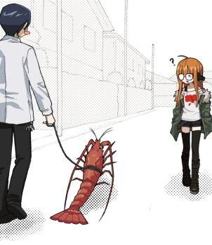 1boy 1dls23 1girl ? ahoge animal behind-the-head_headphones black-framed_eyewear blue_hair blunt_bangs commentary english_commentary fur-trimmed_jacket fur_trim glasses green_jacket headphones holding holding_leash jacket keyring kitagawa_yuusuke kosei_high_school_uniform leash long_hair long_sleeves open_mouth orange_hair outdoors pants persona persona_5 sakura_futaba school_uniform shirt short_hair shorts