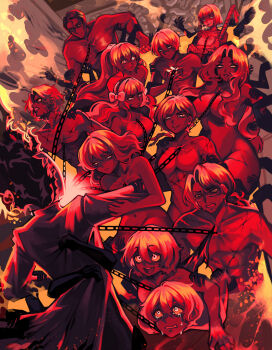 1other 6+boys 6+girls :d absurdres angry arm_wrap beanni bow bug chain coat cockroach colored_sclera colored_skin completely_nude crying dante_(limbus_company) demon don_quixote_(project_moon) earrings facial_hair faust_(project_moon) fire flaming_head glasses gregor_(project_moon) grin hair_bow hairband heathcliff_(project_moon) hell heterochromia highres holding holding_sword holding_weapon hong_lu_(project_moon) insect ishmael_(project_moon) jewelry lava limbus_company long_hair lying_on_another medium_hair meursault_(project_moon) multiple_boys multiple_girls no_nipples nude object_head open_mouth outis_(project_moon) ponytail project_moon red_hair red_sclera red_skin rodion_(project_moon) ryoshu_(project_moon) scar scar_on_arm scar_on_leg serious sharp_teeth short_hair sinclair_(project_moon) smile smoking stubble sword teeth toned toned_male very_long_hair weapon yellow_eyes yi_sang_(project_moon)