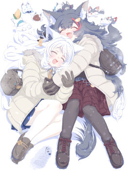 2girls :3 alternate_costume animal_ear_fluff animal_ears bag black_gloves black_hair black_pantyhose black_shoes brown_gloves brown_shoes closed_eyes coat commentary fang fox_ears fox_girl fox_tail gloves highres holding_another&#039;s_arm hololive hug jacket light_blush loafers long_hair lying miniskirt miofa_(ookami_mio) miteiru_(shirakami_fubuki) multicolored_hair multiple_girls on_back ookami_mio open_clothes open_jacket open_mouth oruyanke_(shirakami_fubuki) pantyhose plaid_clothes plaid_skirt pleated_skirt red_skirt red_streaks shirakami_fubuki shoes shoulder_bag skirt smile snow streaked_hair sukonbu_(shirakami_fubuki) tail tataki_tuna virtual_youtuber white_coat white_hair white_pantyhose winter_clothes winter_coat wolf_ears wolf_girl wolf_tail