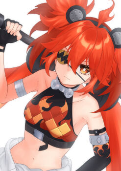 1girl absurdres ahoge animal_ears bare_shoulders bear_ears black_gloves breasts crop_top eyepatch fake_animal_ears fingerless_gloves gloves hair_between_eyes hair_ornament highres holding kinoko_nigate koleda_belobog long_hair looking_at_viewer midriff navel pants red_eyes red_hair solo sphere_hair_ornament twintails zenless_zone_zero