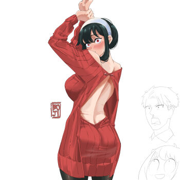 1boy 1girl 2girls anya_(spy_x_family) arms_up artist_name ass backless_outfit black_hair black_pantyhose blush boji_norn breasts dress embarrassed hairband highres large_breasts looking_back multiple_girls pantyhose red_eyes red_sweater sidelocks solo spy_x_family sweater sweater_dress twilight_(spy_x_family) white_background white_hairband wide-eyed yor_briar