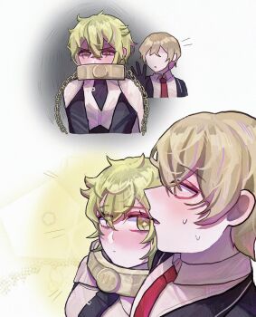 1boy 1girl black_gloves black_jacket black_necktie black_sleeves blonde_hair blush chain closed_mouth collared_shirt don_quixote_(project_moon) dress_shirt facing_another gloves gold_chain gold_collar hair_between_eyes hashtag-only_commentary hetero highres index_(identity)_(project_moon) jacket limbus_company long_sleeves looking_at_another looking_down meng_luoo messy_hair necktie notice_lines open_clothes open_hand open_jacket open_mouth project_moon red_necktie shaded_face shirt short_hair sinclair_(project_moon) sparkling_eyes suit_jacket sweat undershirt white_shirt wing_collar