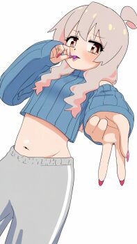1girl ahoge blue_sweater blush brown_eyes candy commentary cropped_sweater fingernails food grey_hair grey_pants gyaru_w happyundergate highres holding holding_candy holding_food holding_lollipop lollipop long_fingernails long_hair long_sleeves midriff nail_polish navel onii-chan_wa_oshimai! oyama_mahiro pants red_nails ribbed_sweater simple_background sleeves_past_wrists solo sweater tongue tongue_out w wavy_sidelocks white_background