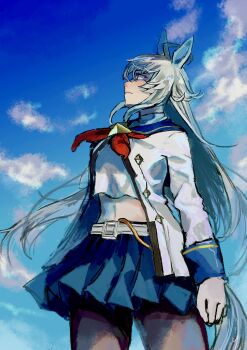 1girl ahoge animal_ears black_pantyhose blue_eyes blue_sailor_collar blue_skirt blue_sky blush breasts brooch closed_mouth cloud commentary_request ear_ornament enshuritsu_(eureka0811) grey_hair grey_tail hair_between_eyes hairband highres horse_ears horse_girl horse_tail jacket jewelry long_hair long_sleeves looking_up medium_breasts midriff multicolored_hair navel neckerchief oguri_cap_(starlight_beat)_(umamusume) oguri_cap_(umamusume) pantyhose pleated_skirt red_neckerchief sailor_collar shirt skirt sky solo star_brooch tail umamusume white_jacket white_shirt