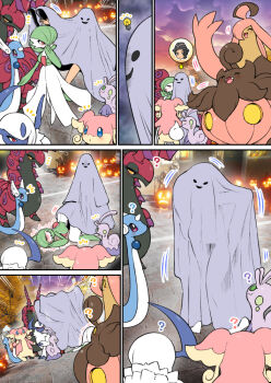 1boy 2girls ? ^^^ ^_^ animal_ears arm_up arrow_(symbol) audino black_eyes blue_eyes blush body_fur breasts closed_eyes colored_sclera colored_skin comic covering_own_mouth dragonair emphasis_lines fang fangs flashing flat_color fleeing flying_sweatdrops furry furry_female gardevoir gen_1_pokemon gen_3_pokemon gen_5_pokemon gen_6_pokemon ghost_costume gourgeist green_eyes green_skin half-closed_eyes hand_to_own_mouth hand_up happy implied_sex jack-o&#039;-lantern light_bulb looking_at_another medium_breasts motion_lines multicolored_skin multiple_girls multiple_views nenbuta nintendo no_feet nose_blush notice_lines open_mouth outdoors pink_fur pokemon pokemon_(creature) pokemon_legends:_z-a pumpkaboo red_eyes scolipede short_tail skin_fang sliggoo smile sunset surprised tail top-down_bottom-up two-tone_fur two-tone_skin urbain_(pokemon) waving white_skin yellow_fur yellow_sclera