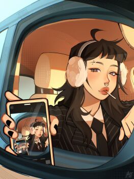1girl ahoge black_eyes black_hair black_necktie black_suit car car_interior cellphone cigarette commentary earmuffs english_commentary eyebrow_cut eyebrow_piercing face_piercing formal_clothes gluca highres holding holding_phone jacket motor_vehicle necktie nose_piercing nose_ring original phone piercing recursion selfie side-view_mirror signature smartphone solo striped_clothes striped_jacket suit vertical-striped_clothes vertical-striped_jacket