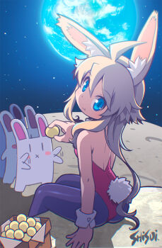 1girl :t afterimage animal_ear_fluff animal_ears artist_name ass bare_shoulders black_pantyhose blue_eyes blush_stickers brown_hair closed_mouth commentary_request creature dango earth_(planet) eating flailing food from_behind holding holding_food leotard long_hair looking_at_another looking_at_viewer looking_back moon moon_rabbit on_moon original outdoors pantyhose paper planet playboy_bunny queue rabbit rabbit_ears rabbit_girl rabbit_tail red_leotard shisui sitting space star_(sky) strapless strapless_leotard tail tsukimi_dango very_long_hair wagashi x_mouth |_|