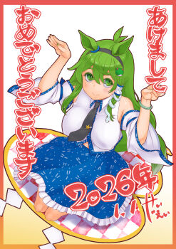 Rule 34 | 1girl, 2026, bare shoulders, black hairband, black necktie, blue skirt, blue trim, border, bracelet, breasts, closed mouth, collared shirt, commentary request, dated, detached sleeves, frog hair ornament, gradient border, green eyes, green hair, green nails, hair ornament, hair tubes, hairband, hands up, highres, horse ear hairband, jewelry, kei jiei, kneeling, kochiya sanae, large breasts, long hair, looking at viewer, necktie, red border, shirt, single hair tube, skirt, sleeveless, sleeveless shirt, smile, snake hair ornament, solo, touhou, translation request, white sleeves
