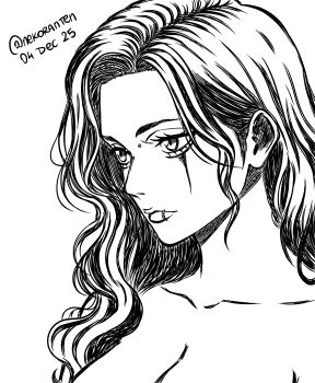 1girl absurdres bare_shoulders breasts collarbone commentary dated english_commentary expressionless face_piercing facial_mark highres large_breasts lip_piercing lip_ring lips monochrome nekoranten original piercing profile solo twitter_username wavy_hair