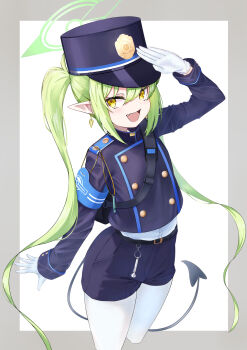 1girl absurdres arm_up black_tail blue_archive bomb_soldier demon_tail gloves green_hair green_halo hair_between_eyes halo highres looking_at_viewer looking_to_the_side mesugaki nozomi_(blue_archive) open_mouth pointy_ears salute short_shorts shorts tail thighhighs twintails white_gloves white_thighhighs yellow_eyes