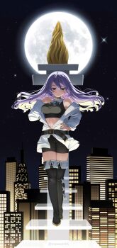 1girl absurdres belt black_nails black_shorts boots breasts city colored_inner_hair commentary crop_top floating_stairs full_moon hand_on_own_hip highres hololive hololive_indonesia jacket large_breasts long_hair midriff monument moon moona_hoshinova multicolored_hair navel night purple_eyes purple_hair rem_moon shorts sky star_(sky) starry_hair starry_sky thigh_boots twitter_username virtual_youtuber white_jacket