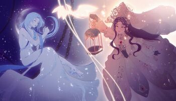 2girls absurdres backlighting bare_shoulders beads behind_prayers_(infinity_nikki) black_gloves black_hair blue_hair blue_shoes born_flawless_(infinity_nikki) cage chain chest_jewel circlet closed_eyes commentary crown dragon dress earrings eyelashes feet_out_of_frame floating_clothes floating_hair forehead_jewel frilled_sleeves frills gem gibbous_moon gloves gold_crown gold_necklace gold_ring gown gradient_background hair_beads hair_ornament hashtag-only_commentary high_heels highres holding holding_lantern infinity_nikki jewelry lantern layered_sleeves light_particles lipstick long_dress long_hair long_sleeves looking_ahead makeup moon multiple_girls multiple_rings necklace nikki_(series) no_socks own_hands_together pale_skin parted_lips pink_lips red_gemstone ring ring_on_every_finger rinsmeray shoes short_over_long_sleeves short_sleeves single_strap sitting sleeveless sleeveless_dress small_dragon sparkle veil very_long_hair wavy_hair white_dress white_veil worried yellow_eyes yellow_gem