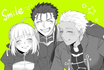 1girl 2boys ahoge archer_(fate) arm_around_shoulder artoria_pendragon_(fate) braid breasts cleavage cleavage_cutout closed_eyes clothing_cutout commentary_request covered_abs cu_chulainn_(fate) cu_chulainn_(fate/stay_night) cu_chulainn_(lancer)_(fate) dark-skinned_male dark_skin earrings fate/stay_night fate_(series) green_background greyscale_with_colored_background grin hair_over_shoulder highres jewelry kkk_irino multiple_boys ponytail saber_(fate) small_breasts smile star_(symbol)