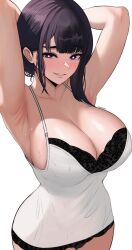 Rule 34 | 1girl, absurdres, armpits, arms behind head, black hair, blunt bangs, breasts, bright pupils, camisole, cleavage, collarbone, commentary, edmun6969, english commentary, highres, huge breasts, long hair, looking at viewer, mato seihei no slave, parted lips, purple eyes, smile, solo, sweat, twitter username, white camisole, white pupils, yamashiro ren