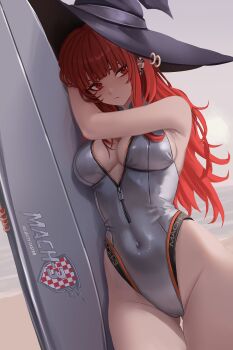1girl beach black_hat breasts commentary covered_navel english_commentary grey_one-piece_swimsuit hat highres holding holding_surfboard large_breasts long_hair one-piece_swimsuit original red_eyes red_hair solo surfboard swimsuit val_(yan_kodiac) witch_hat yan_kodiac