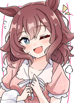 1girl absurdres alternate_costume animal_ears arnolddayo blue_eyes blush breasts collarbone commentary hair_between_eyes hair_ornament highres horse_girl long_hair one_eye_closed open_mouth portrait sakura_chiyono_o_(umamusume) solo towel umamusume wet white_background