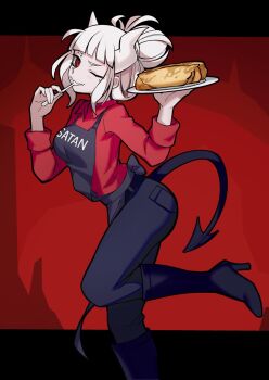 1girl apron black_apron black_boots black_pants blunt_bangs blush boots breasts clothes_writing collared_shirt demon_girl demon_horns demon_tail fangs food food_on_face fork hair_bun helltaker high_heel_boots high_heels holding holding_fork holding_plate horns leg_up looking_at_viewer lucifer_(helltaker) medium_breasts mole mole_under_eye one_eye_closed pancake pants plate red_eyes red_shirt sarukichi shirt skin_fangs solo tail utensil_in_mouth white_hair white_horns