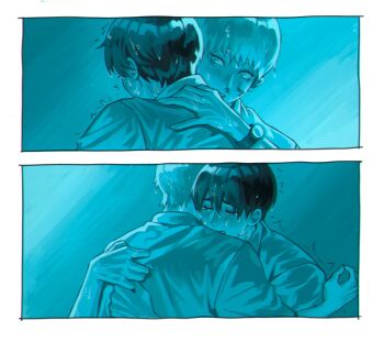 Rule 34 | 2boys, black hair, blue theme, collared shirt, crying, hair between eyes, highres, hikaru ga shinda natsu, indou hikaru, male focus, mole, mole on cheek, mole under eye, multiple boys, multiple moles, shirt, short hair, tears, tsujinaka yoshiki, verbartt, watch, wet, white hair, white shirt, wristwatch