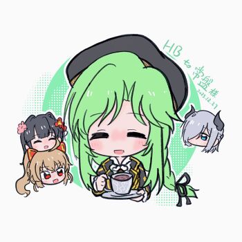 4girls :d =_= ^_^ animal_ears assault_lily beret black_hat black_horns black_jacket black_ribbon blunt_bangs blush braid brown_hair cat_ears character_name chibi chin_rest closed_eyes closed_mouth commentary cropped_torso cup dated facing_viewer fake_animal_ears flower green_background green_hair grey_background grey_hair hair_flower hair_intakes hair_ornament hair_over_one_eye hair_ribbon happy_birthday hat head_on_head head_only head_rest highres holding holding_cup holding_saucer horns jacket kasa_(kasa_mayulove) kondou_misaka kurokawa_nadi_hanna long_hair long_sleeves looking_at_another low-braided_long_hair low-tied_long_hair multiple_girls murakami_tokiwa one_eye_covered open_clothes open_jacket open_mouth parted_bangs pink_flower ponytail red_eyes red_flower ribbon round_eyewear saucer sekino_youko shirt short_hair sidelocks single_braid smile tea teacup translated two-tone_background white_shirt