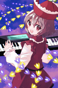 Rule 34 | 1girl, :d, blush, brown hair, commentary request, frilled hat, frilled vest, frills, from behind, hair between eyes, hair ornament, happy, hat, highres, instrument, katsuragi atori, keyboard (instrument), long sleeves, looking at viewer, looking back, lyrica prismriver, music, open mouth, playing instrument, puffy sleeves, red eyes, red hat, red vest, shirt, shooting star hair ornament, short hair, sky, smile, solo, standing, star (symbol), star hair ornament, touhou, upper body, vest