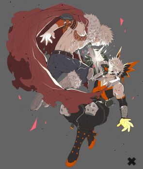 2boys alternate_universe armored_gloves bakugou_katsuki bare_shoulders black_boots black_pants blonde_hair boku_no_hero_academia boots clenched_teeth cloak cropped_vest detached_sleeves dirty dirty_face dual_persona earrings elbow_pads eye_mask fighting food fruit fur-trimmed_boots fur-trimmed_cloak fur_trim furrowed_brow glowing_hands grey_background grey_boots grey_pants grin hair_between_eyes highres jewelry knee_pads male_focus mask mikan_(artist) multiple_boys muscular muscular_male orange_(fruit) orange_slice pants pectorals red_cloak short_hair smile spiked_hair superhero_costume teeth torn_clothes vest