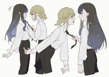 2girls absurdres azusawa_kohane black_hair black_necktie black_pants blush brown_eyes brown_hair closed_mouth clothes_grab commentary earrings hair_ornament highres jewelry long_hair medium_hair multiple_girls necktie necktie_grab neckwear_grab open_mouth orange_eyes pants project_sekai shiraishi_an shirt simple_background star_(symbol) star_hair_ornament symbol-only_commentary white_background white_shirt yuri zyuu_vivi