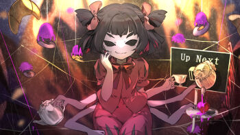 1girl black_hair bow bug colored_skin commentary commission croissant cup donut dress english_commentary extra_eyes food heart muffet pink_liquid pixiv_commission plate purple_skin red_bow red_dress short_hair signature silk sitting smile smirk spider spider_web tea teacup teapot undertale utdr_(toby_fox) v_arms yokogon